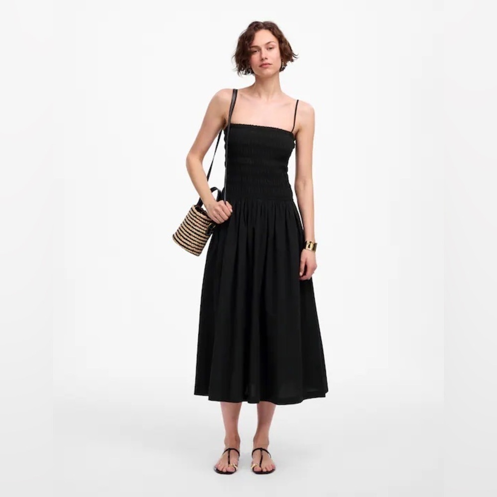 Madewell Smocked Square Neckline Cotton Poplin Maxi Dress Black Size Xl Nwt